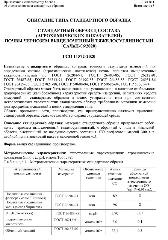 Стандартный образец состава(агрохимических показателей)почвы чернозем выщелоченный тяжелосуглинистый(САЧвП-06/2020)